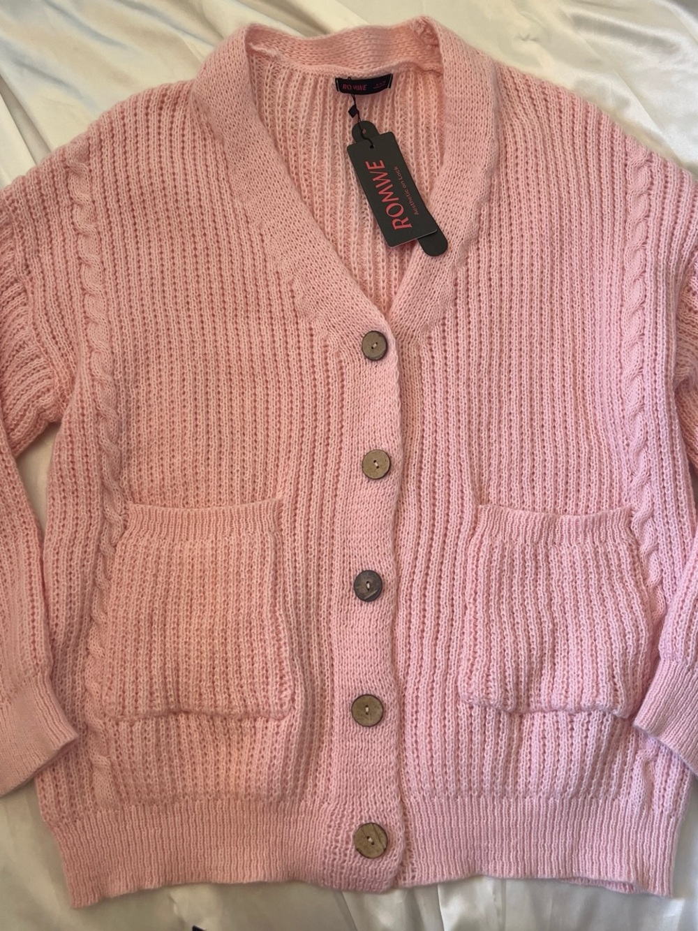 ROMWE Light Pink Chunky Knit Button-Up Cardigan